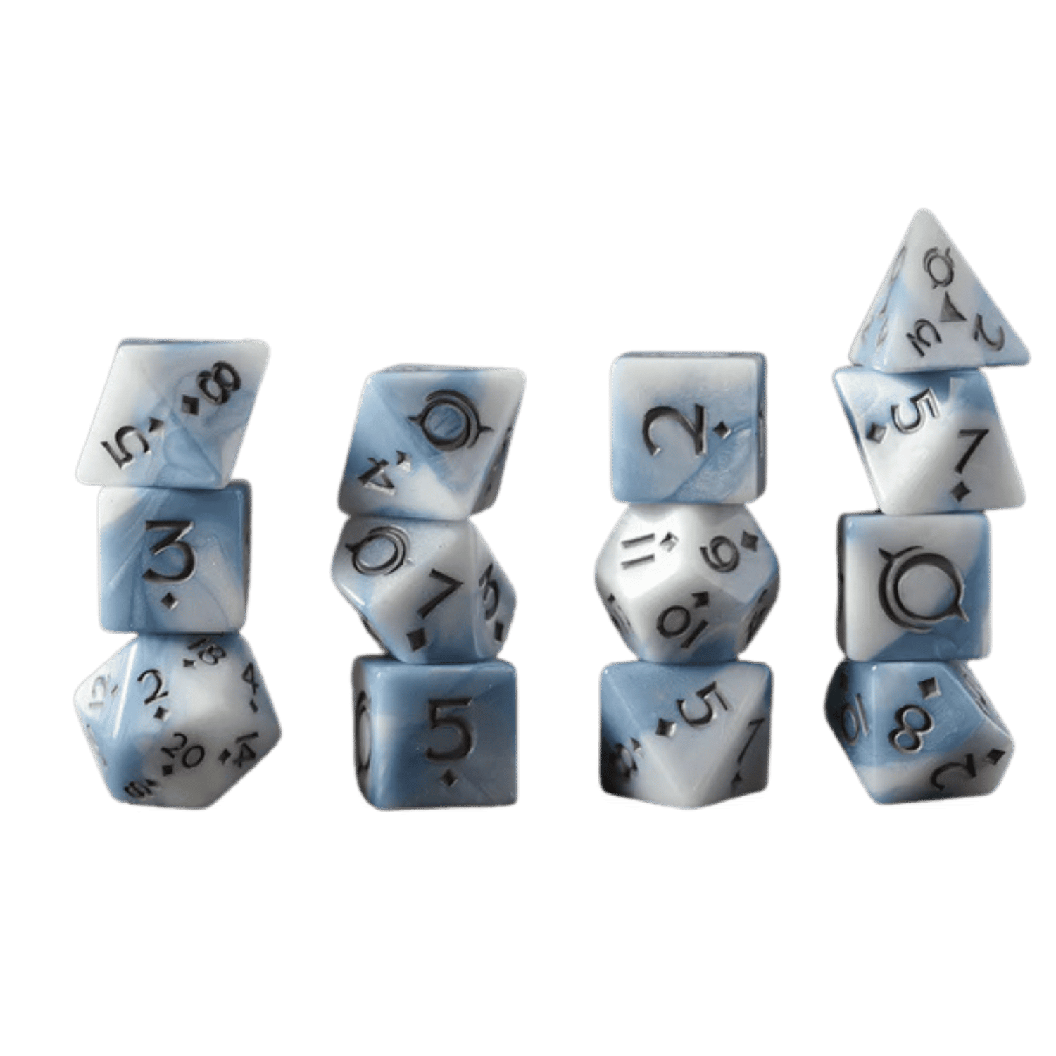 A set of blue and white swirled polyhedral dice, stacked in four columns, with dark numbers and symbols