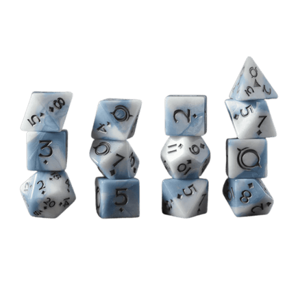 A set of blue and white swirled polyhedral dice, stacked in four columns, with dark numbers and symbols