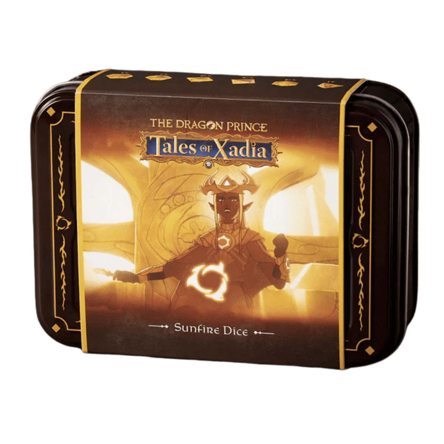 A rectangular dark tin for "The Dragon Prince: Tales of Xadia Sunfire Dice", featuring a golden-armored elf with a glowing sun symbol