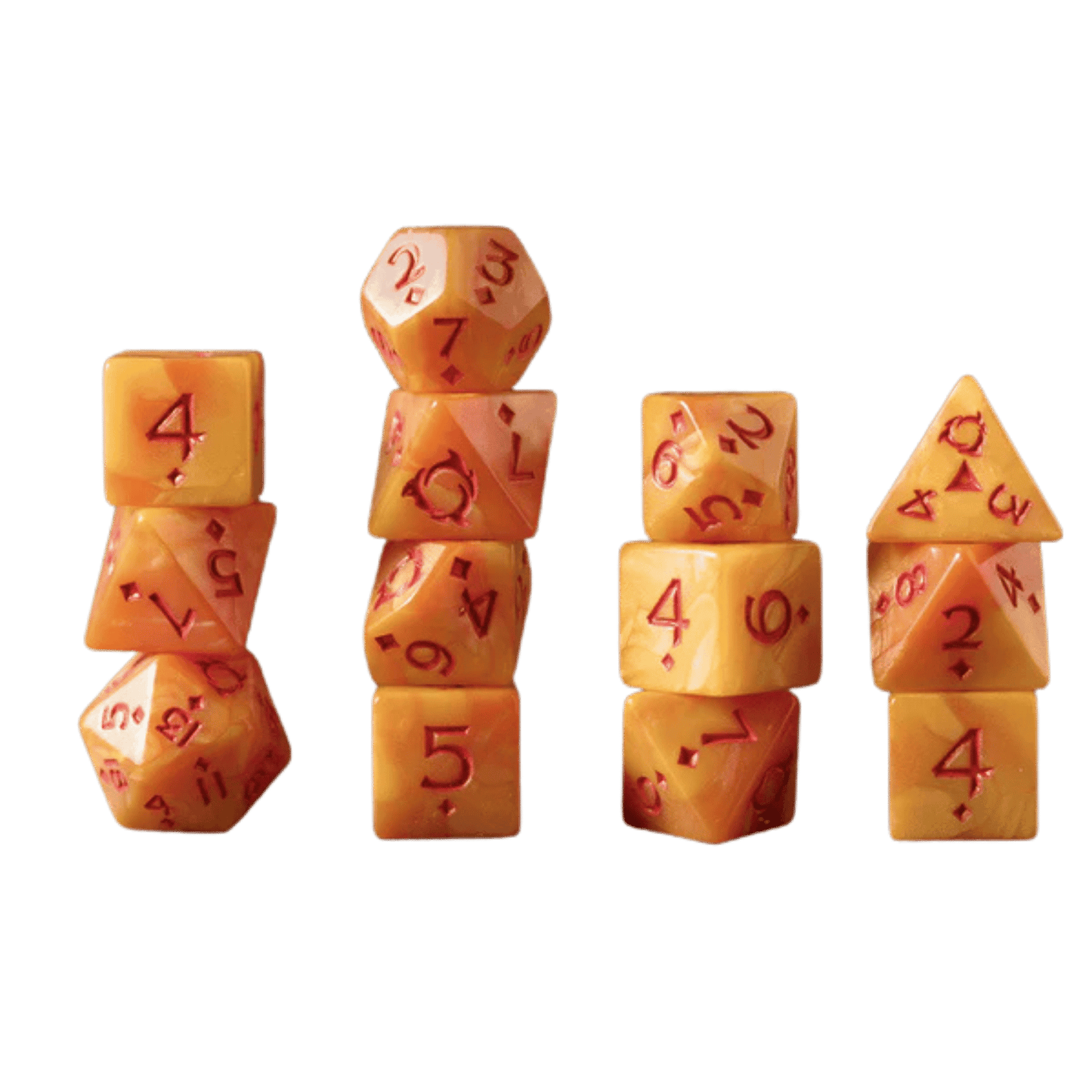 Four stacks of amber polyhedral dice With red numbers on a white background
