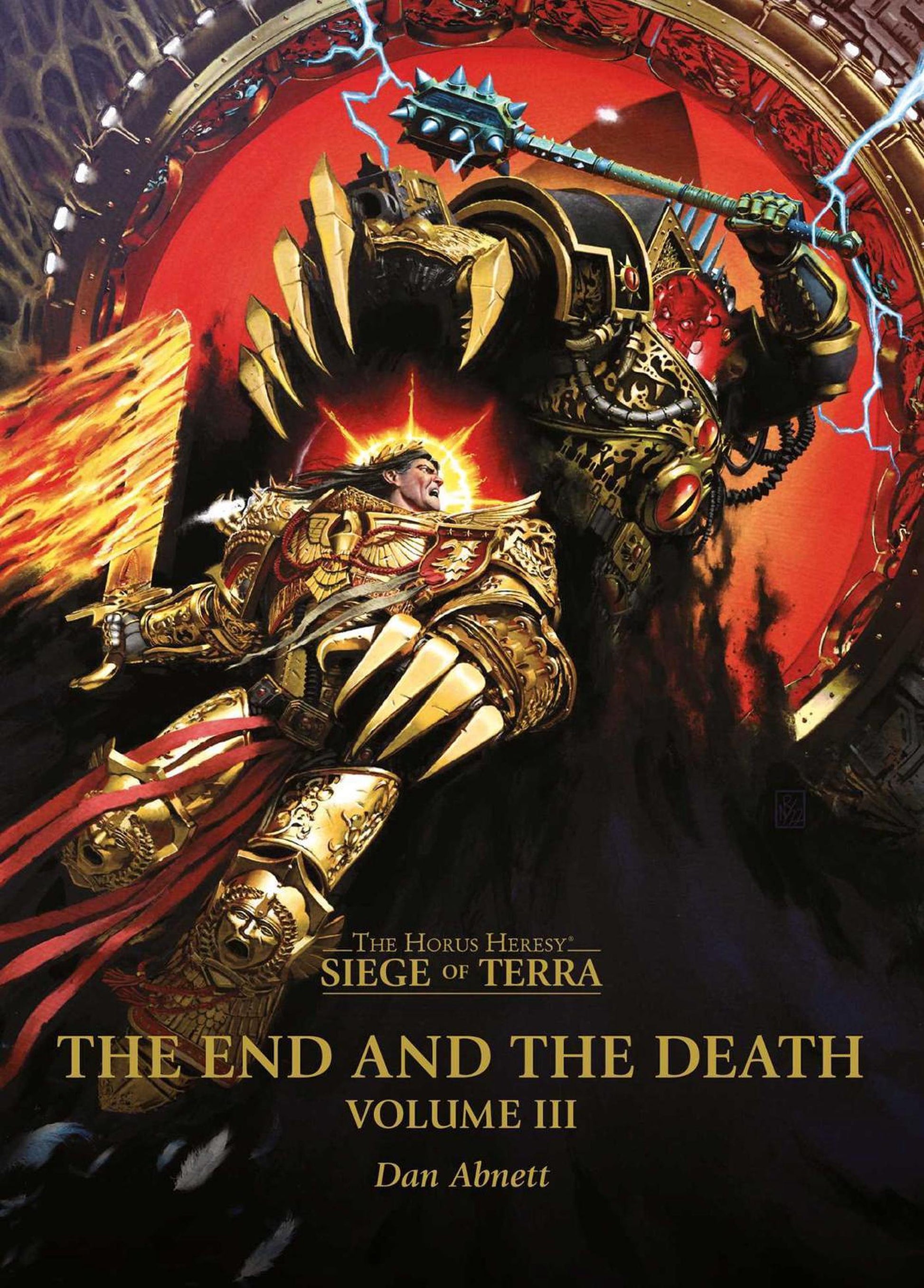 The Emperor in golden armor with fiery sword battles Horus in dark, lightning-wreathed armor with a mace
