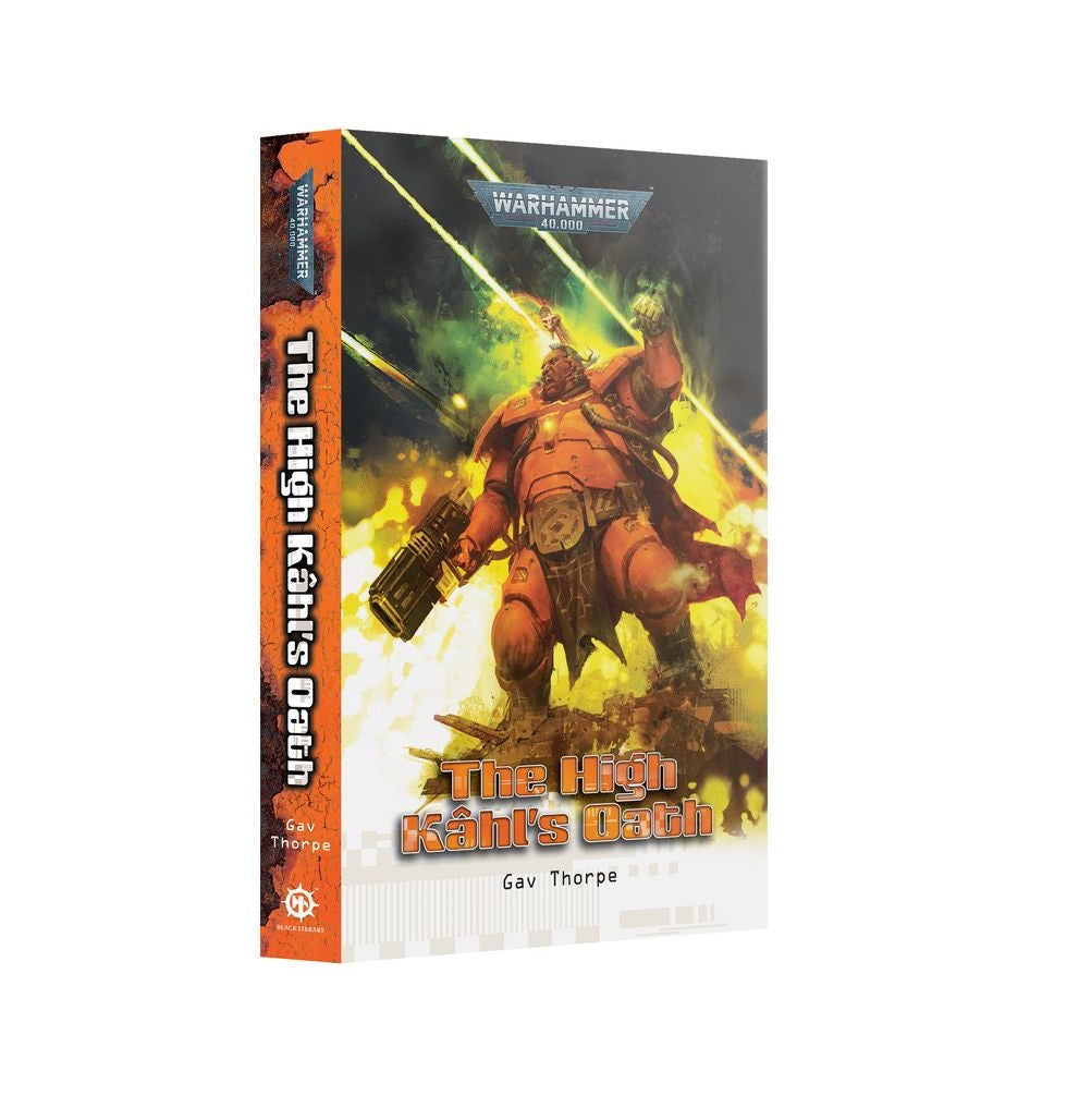 The High Kãhl's Oath book cover: An armored orange warrior with a gun, fist raised, amidst fiery chaos