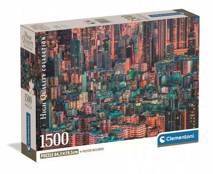 A Clementoni 1500-piece puzzle box displaying a vibrant, dense cityscape of illuminated buildings