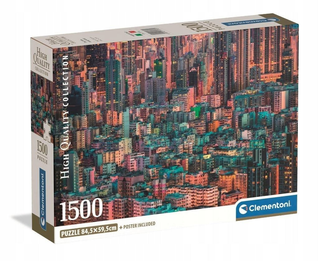 A Clementoni 1500-piece puzzle box displaying a vibrant, dense cityscape of illuminated buildings