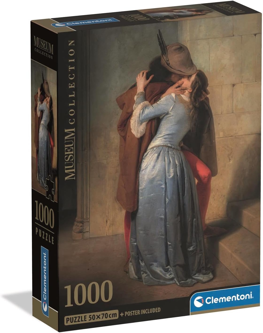 Clementoni Museum Collection 1000-piece jigsaw puzzle box featuring a classical painting of a couple in period dress kissing