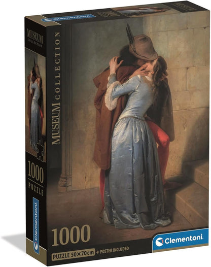 Clementoni Museum Collection 1000-piece jigsaw puzzle box featuring a classical painting of a couple in period dress kissing