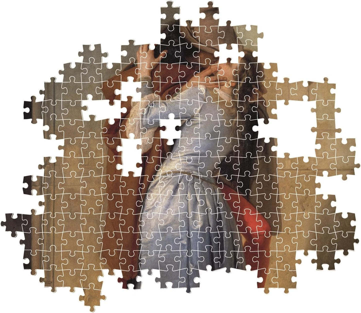 Jigsaw puzzle of a classical painting: woman in blue dress reacts with alarm to a dark figure, some pieces missing