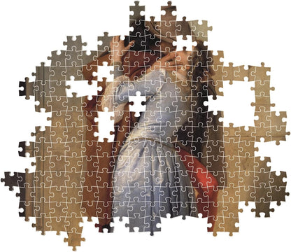 Jigsaw puzzle of a classical painting: woman in blue dress reacts with alarm to a dark figure, some pieces missing