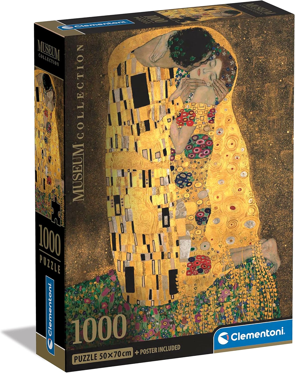 Clementoni Museum Collection 1000-piece jigsaw puzzle box with Gustav Klimt's 'The Kiss,' depicting two figures in golden robes embracing