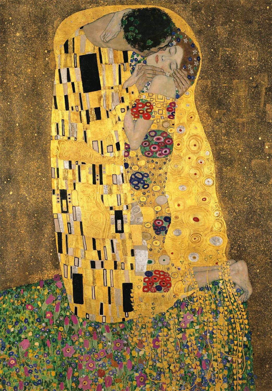 Klimt's 'The Kiss' painting: A couple in ornate golden robes embraces on a floral meadow, the man kissing the woman's face