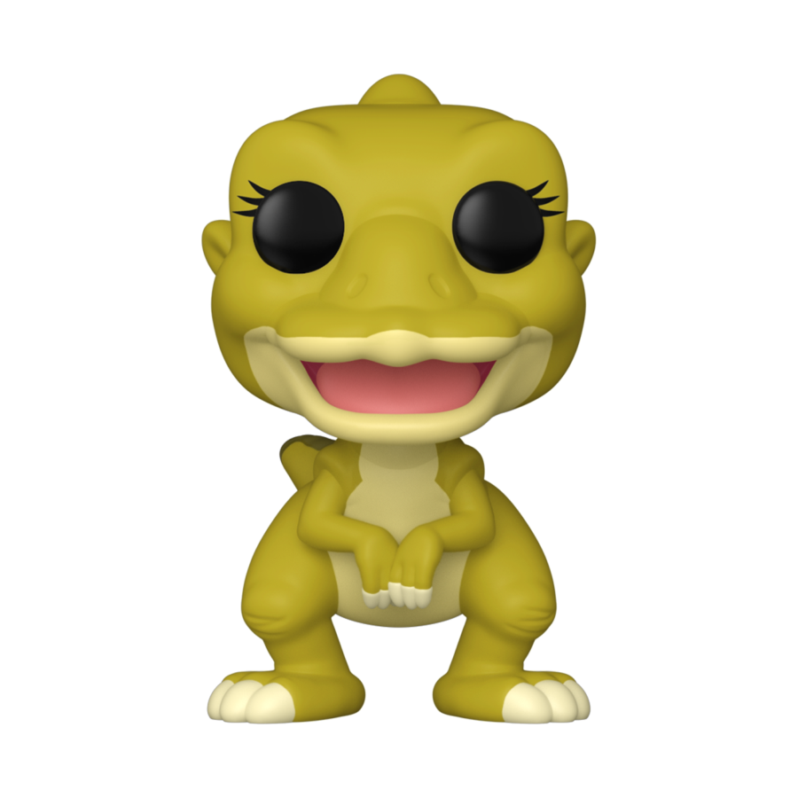 Olive-green Funko Pop figure of a smiling dinosaur-like character with large black eyes and eyelashes