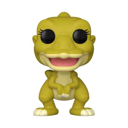 Olive-green Funko Pop figure of a smiling dinosaur-like character with large black eyes and eyelashes