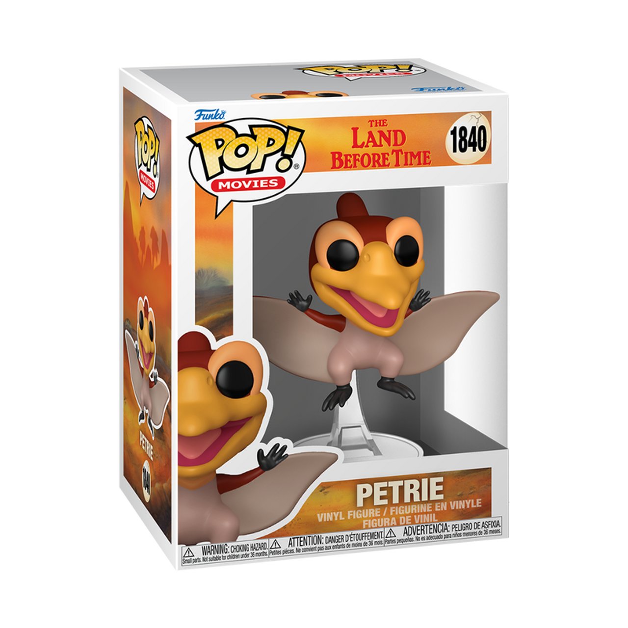 Boxed Funko Pop! Movies figure of Petrie from The Land Before Time. The brown pterodactyl smiles with wings spread