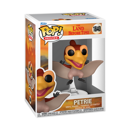 Boxed Funko Pop! Movies figure of Petrie from The Land Before Time. The brown pterodactyl smiles with wings spread