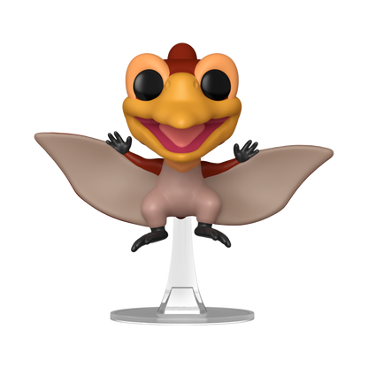 Funko Pop! figure of a smiling orange pterodactyl with wings spread, on a clear display stand