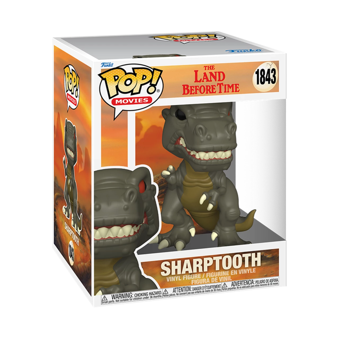 Boxed Funko Pop! #1843 of Sharp Tooth from The Land Before Time. The gray dinosaur has menacing red eyes and sharp teeth