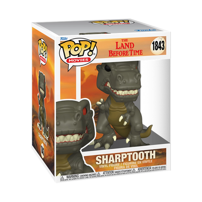 Boxed Funko Pop! #1843 of Sharp Tooth from The Land Before Time. The gray dinosaur has menacing red eyes and sharp teeth