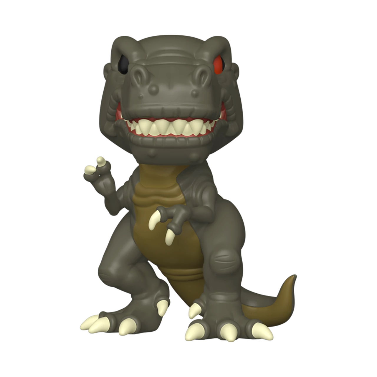 A grey Funko Pop T-Rex figure with a red eye, baring sharp white teeth in a grin, standing with small arms raised
