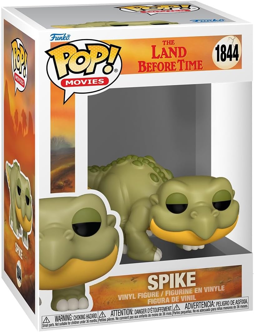 A green Funko Pop! "Spike" dinosaur figure from The Land Before Time, #1844, displayed in its box