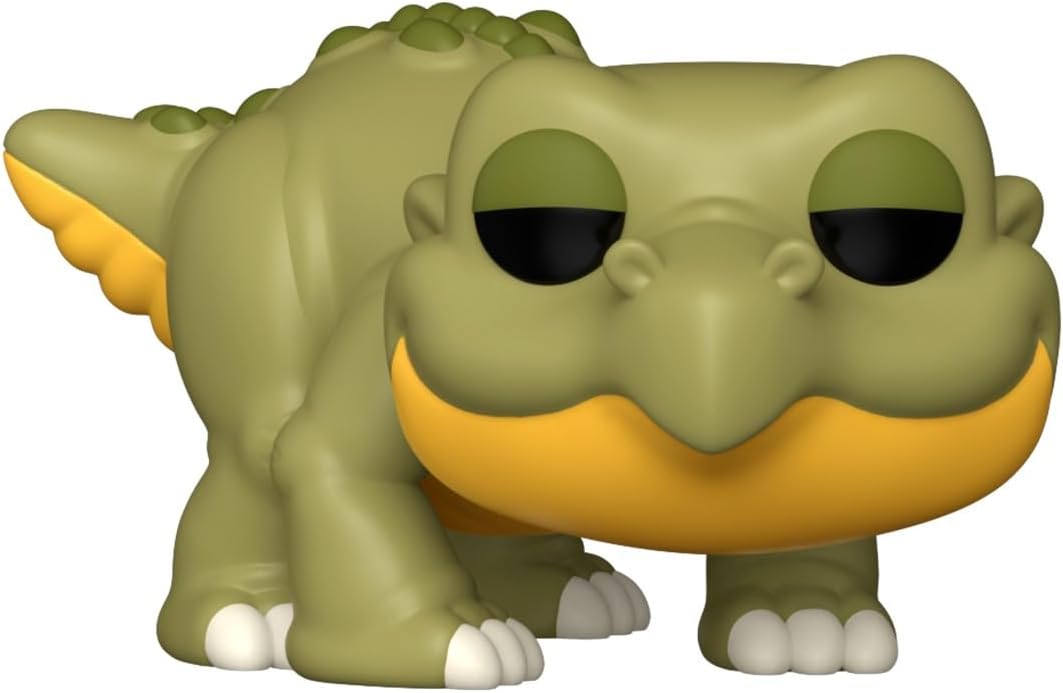 Green and yellow stylized dinosaur Funko Pop figure, with large black eyes, crouching forward