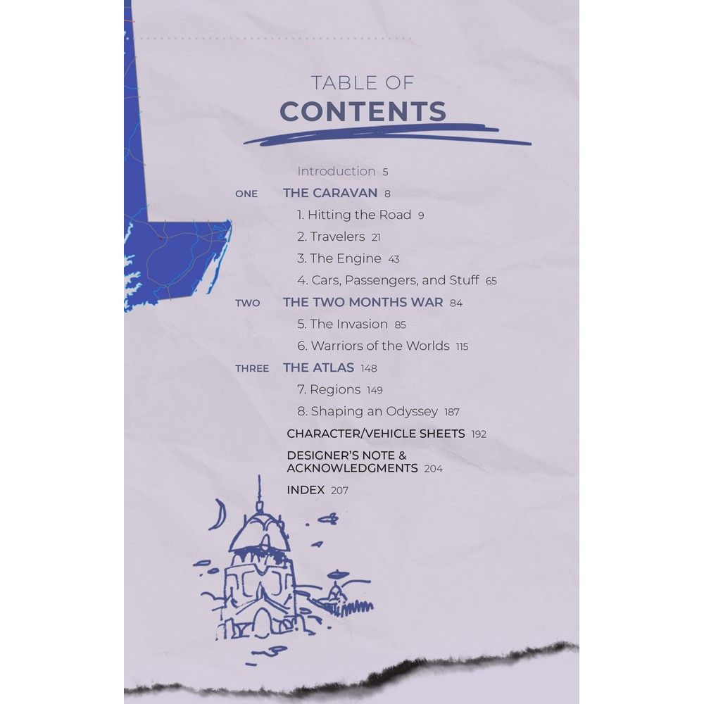 Table of Contents page showing chapters like 'The Caravan' and 'The Atlas' with page numbers, next to a blue map graphic