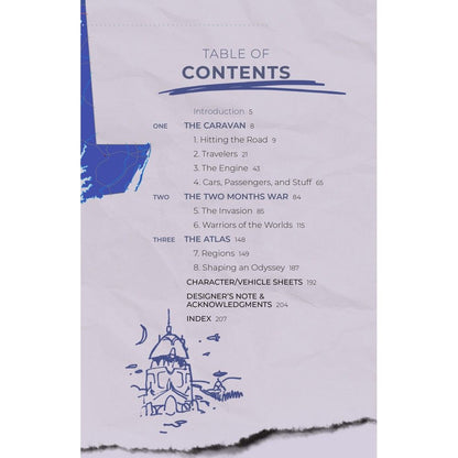 Table of Contents page showing chapters like 'The Caravan' and 'The Atlas' with page numbers, next to a blue map graphic