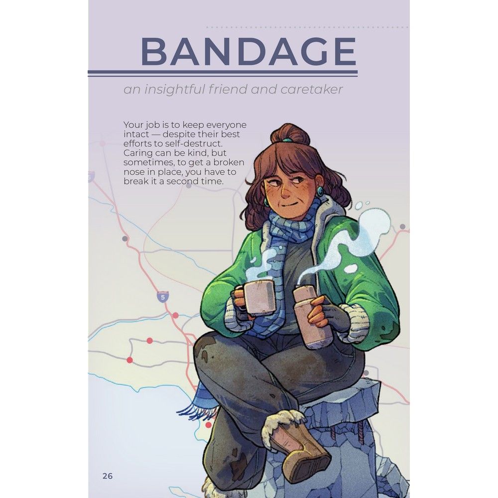 Illustration of Bandage, a bundled-up caretaker, sitting on a rock, holding a steaming mug and thermos
