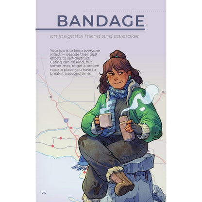 Illustration of Bandage, a bundled-up caretaker, sitting on a rock, holding a steaming mug and thermos