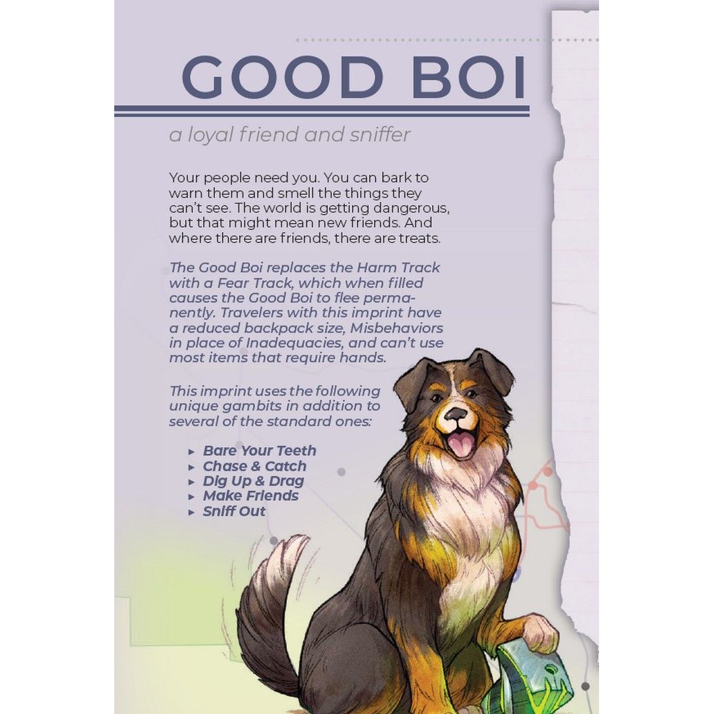 A cheerful black, brown, and white "Good Boi" dog sits, holding a small green backpack