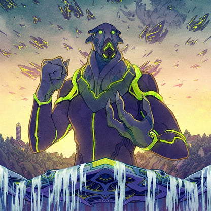 Huge purple creature with glowing green accents stands behind a waterfall-like structure