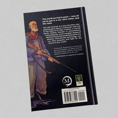 Illustrated bearded man holding a rifle, on a dark book back cover with text and barcode