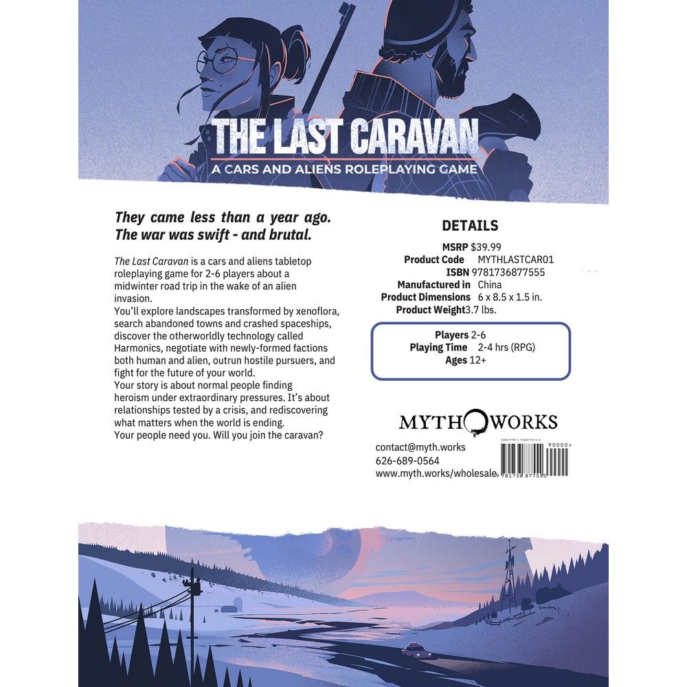 Cover art for "The Last Caravan: A Cars and Aliens RPG," showing two travelers and a car on a desolate alien road