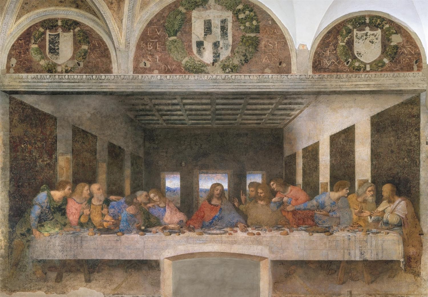 Jesus and twelve disciples at a long table react intensely to his words during the Last Supper