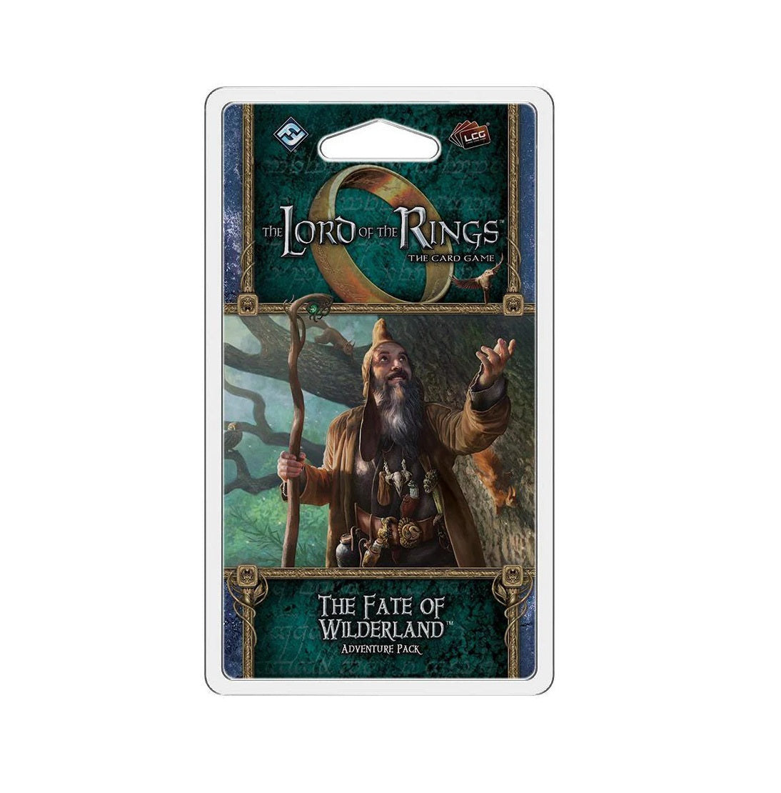 Lord of the Rings card game pack: Bearded wizard with a staff looks up, raising a hand as if casting a spell in a forest