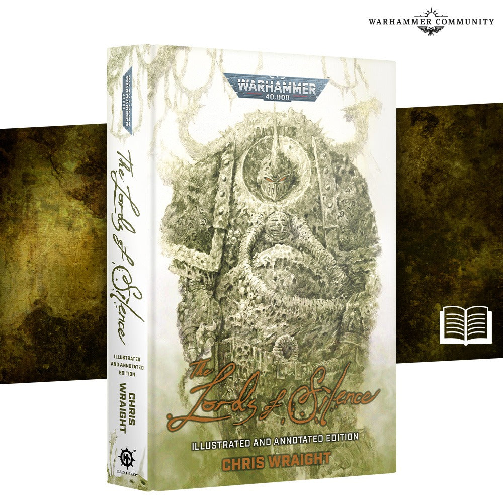 Warhammer 40,000 novel "The Lords of Silence" with a cover showing a grotesque, armored figure with horns and glowing eyes
