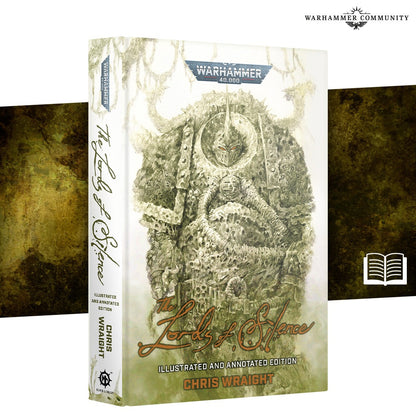 Warhammer 40,000 novel "The Lords of Silence" with a cover showing a grotesque, armored figure with horns and glowing eyes