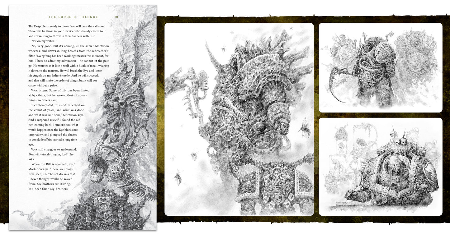 Grayscale art: Mortarion, grotesque daemon primarch, holds a scythe, surrounded by flies and other armored figures