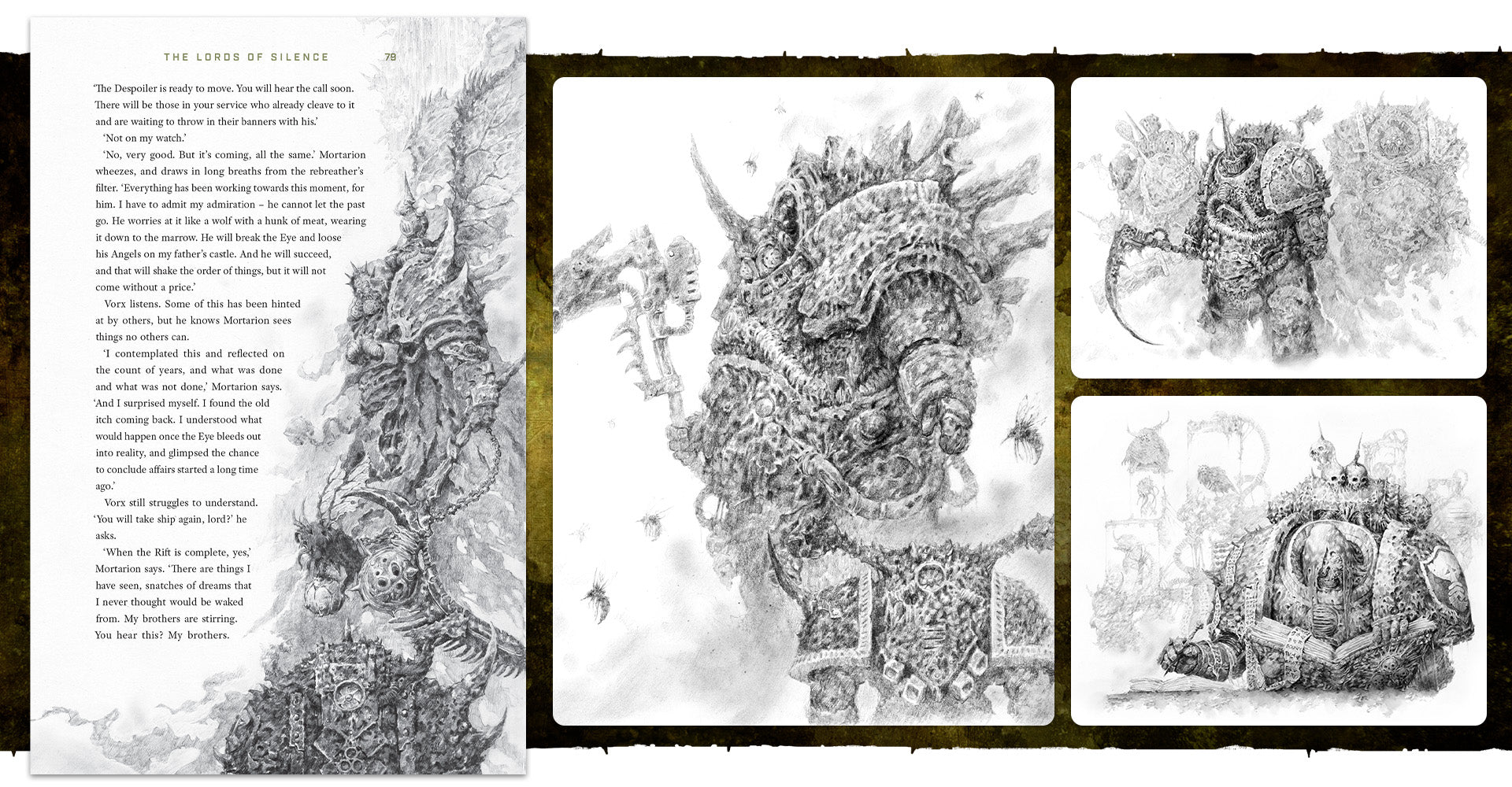 Grayscale art: Mortarion, grotesque daemon primarch, holds a scythe, surrounded by flies and other armored figures