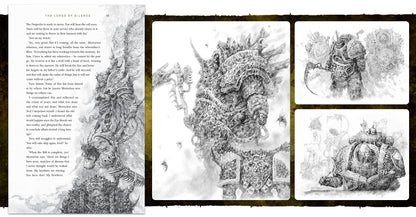 Grayscale art: Mortarion, grotesque daemon primarch, holds a scythe, surrounded by flies and other armored figures