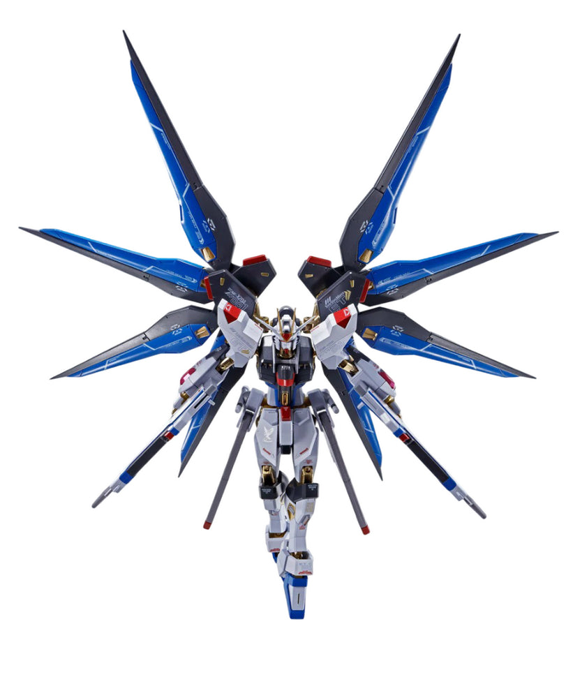 White, blue, and gold mech with eight large, fanned wings spread wide, standing on a white background