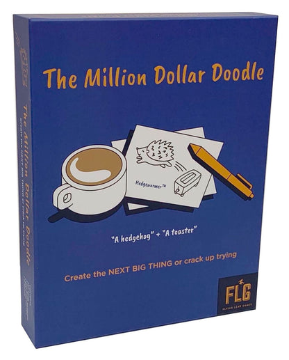 Blue box for The Million Dollar Doodle Card Game, featuring a coffee cup, yellow pen, and a drawing of a hedgehog and a toaster