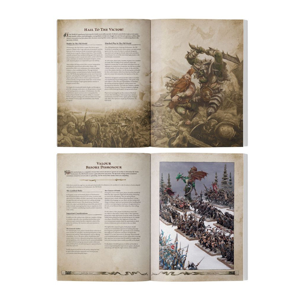 Open fantasy wargamer guide book showing an Ork fighting a Dwarf illustration and a photo of miniature armies led by a green dragon
