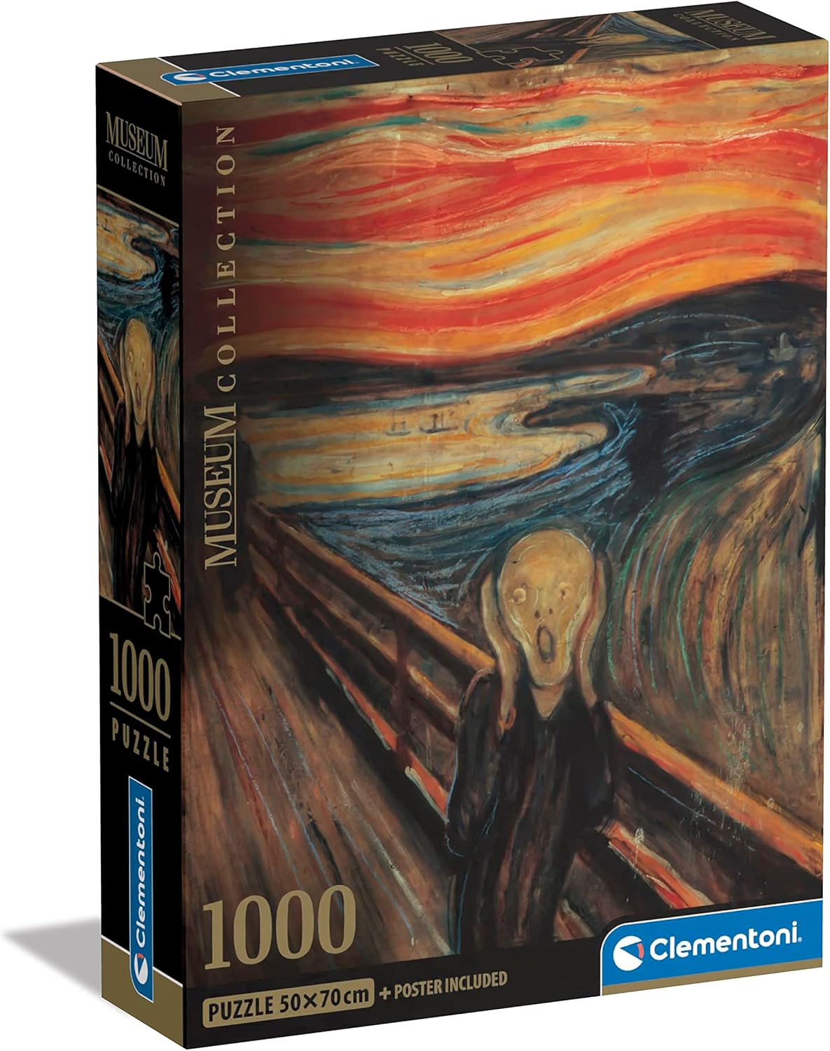 Clementoni Museum Collection 1000-piece jigsaw puzzle box with Edvard Munch's "The Scream" painting of a screaming figure on a bridge