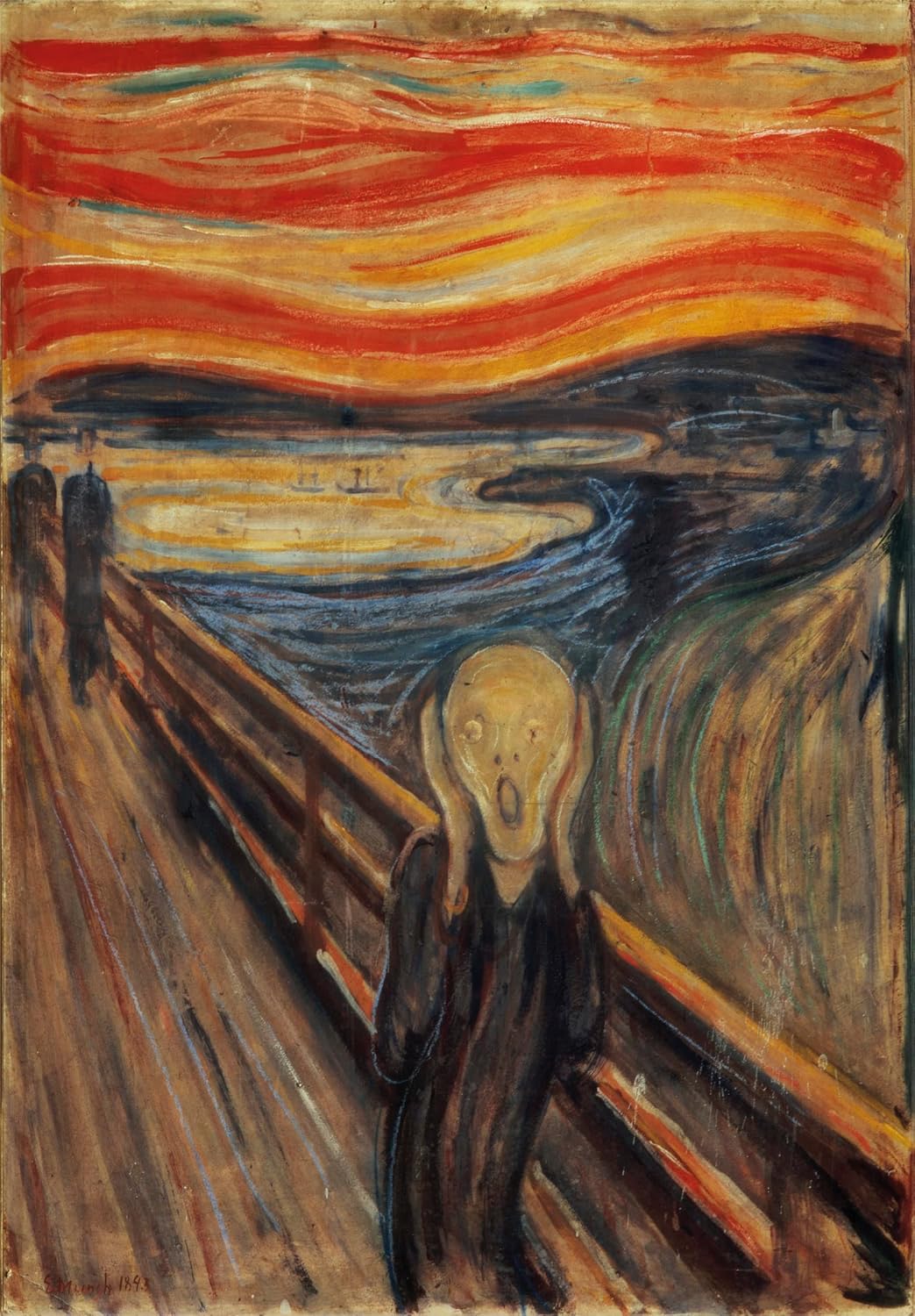 A gaunt, screaming figure with hands pressed to its head stands on a bridge under a vivid orange and red sky