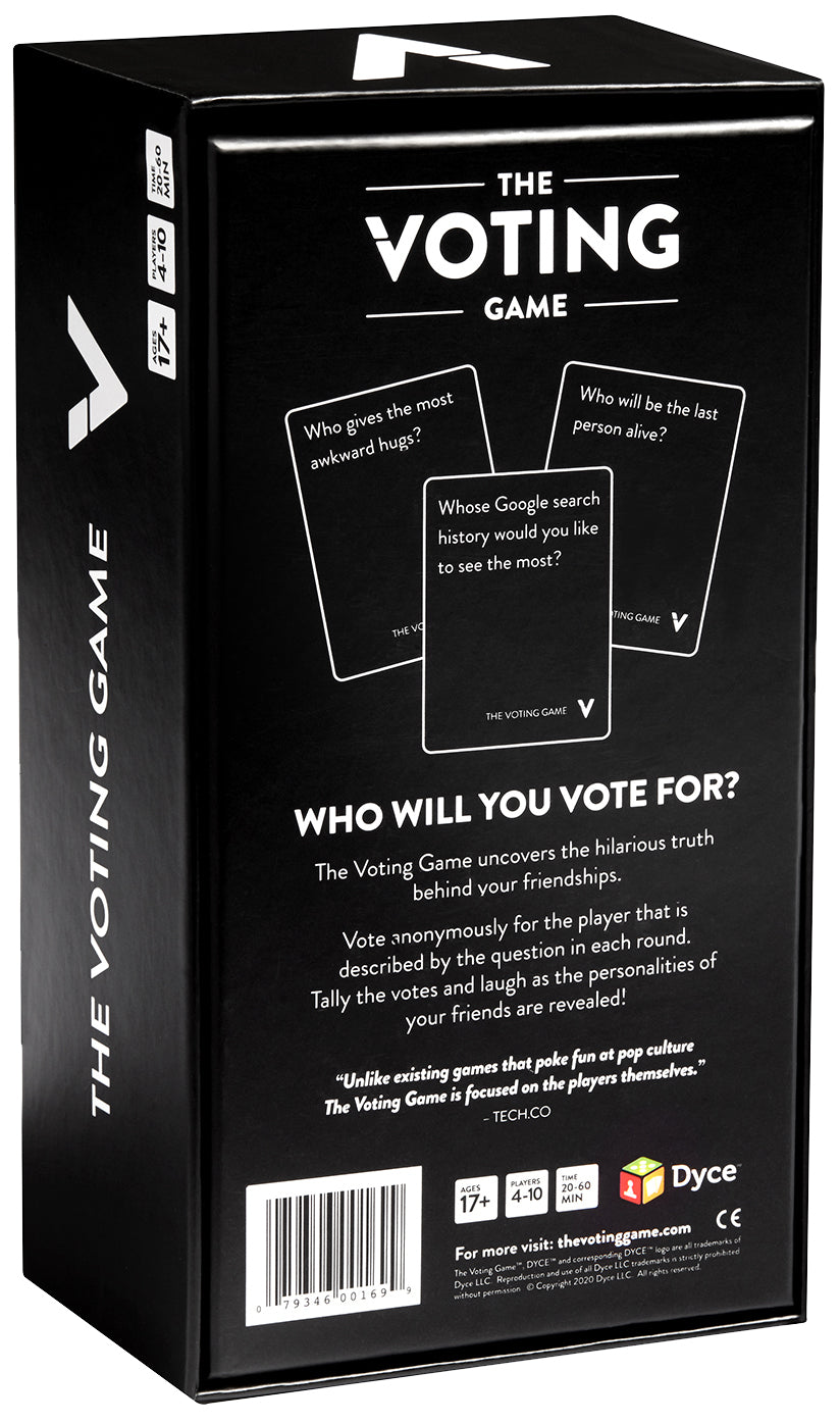 The Voting Game black box with white text and logo showing example cards on the back