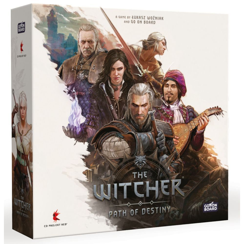 The Witcher: Path of Destiny board game box showing Geralt with sword, Yennefer, Ciri, Vesemir, and Dandelion