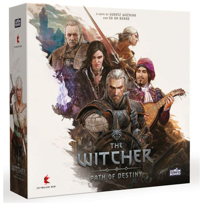 The Witcher: Path of Destiny board game box showing Geralt with sword, Yennefer, Ciri, Vesemir, and Dandelion