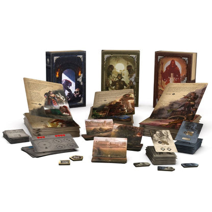 A fantasy board game set, featuring three standing art books, multiple stacks of illustrated cards, and tokens