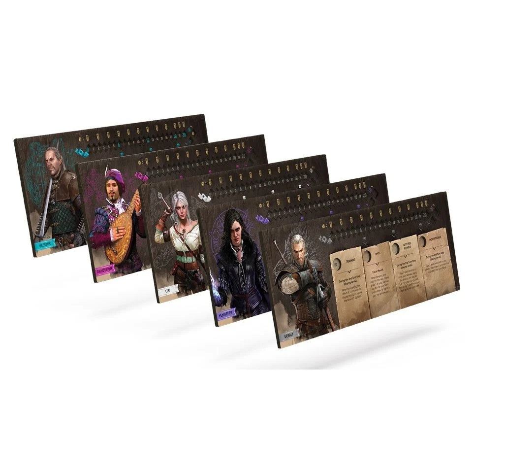 Five character boards from The Witcher: Old World board game, fanned out diagonally, featuring Vesemir, Dandelion, Ciri, Yennefer, and Geralt