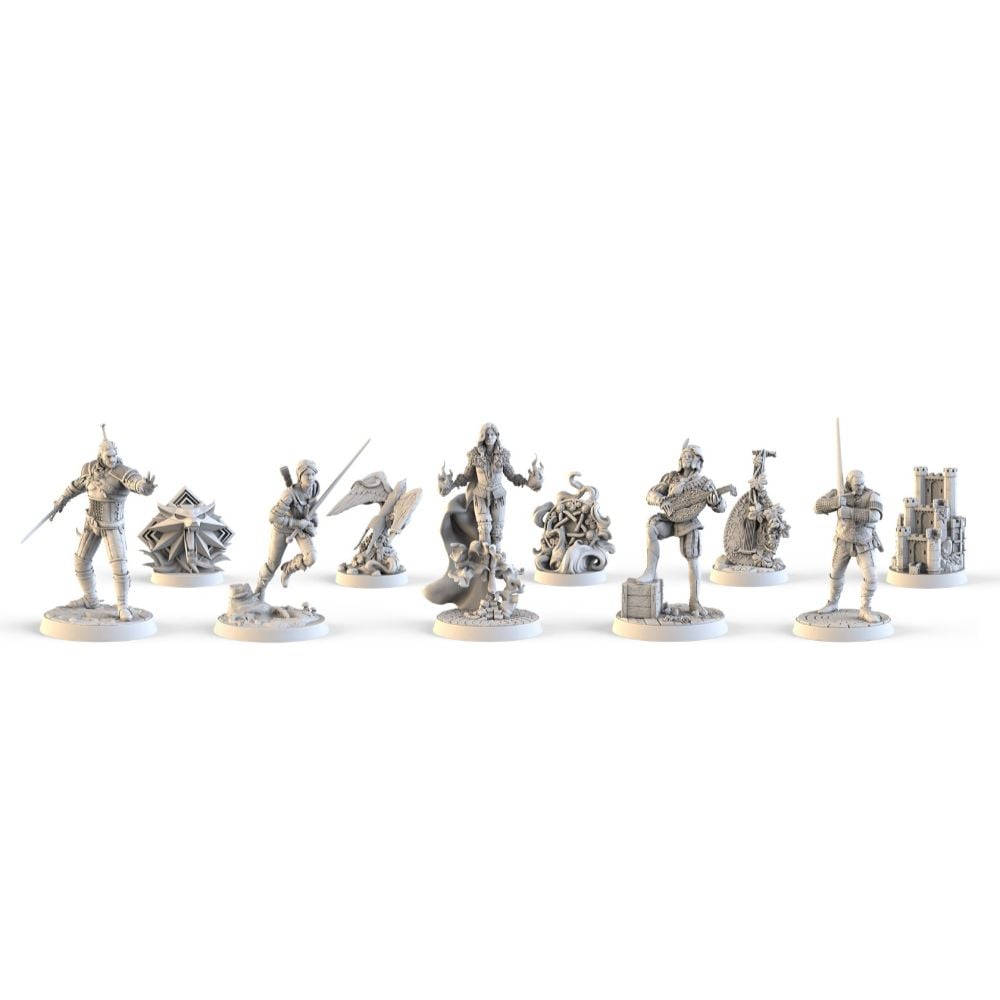 A set of unpainted white fantasy miniatures including characters, monsters, and terrain, displayed on white bases